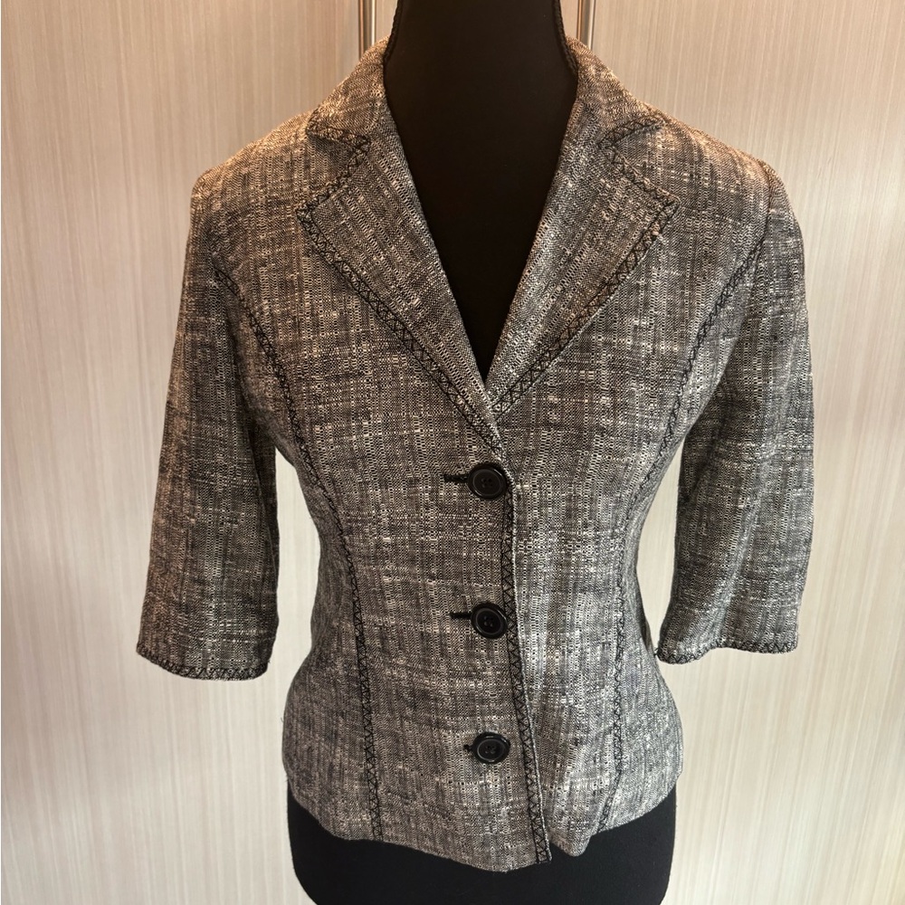 White House Black Market Cropped Tweed Jacket 3/4 Sleeve Grey Size 0